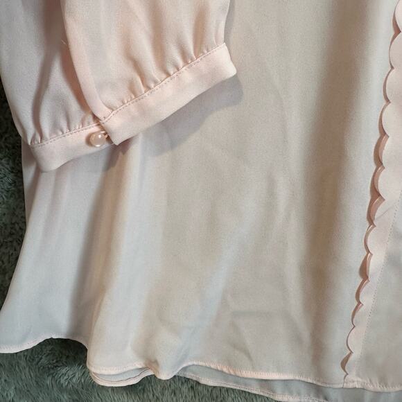 Elle L Large Blush Seashell Pink Scalloped Chiffon Crepe Blouse Button Down Top - Picture 4 of 8